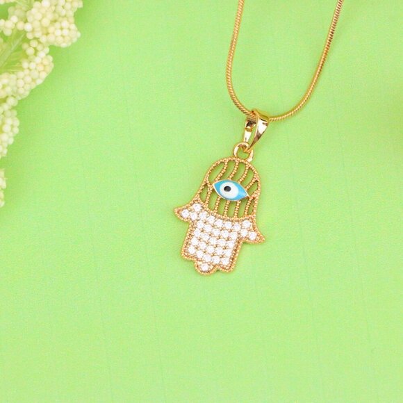 "Rose Gold Hamsa Hand Pendant with Evil Eye and Crystal Accents, XPPT1609 - Picture 10 of 13